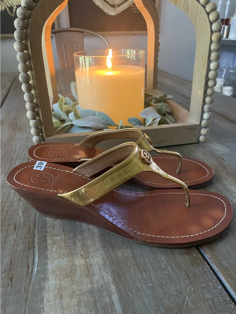 Tory Burch Cameron Wedge Logo Open Toe Thong Sandals Womens 10.5 Metallic Gold